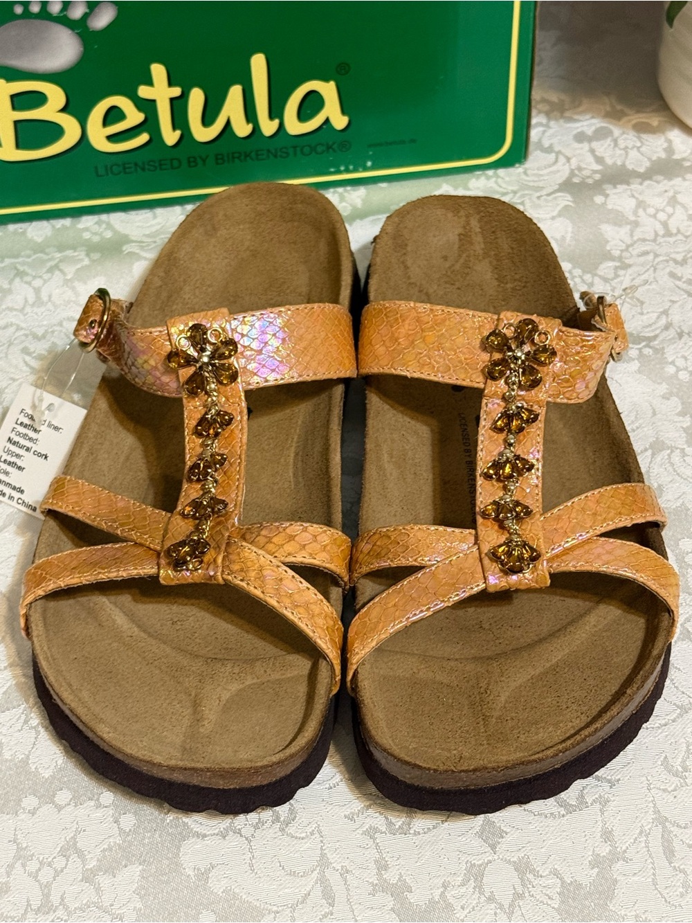 Birkenstock Betula Tango Leather Sand Orange Rhinestone Sandals sz 7 NEW